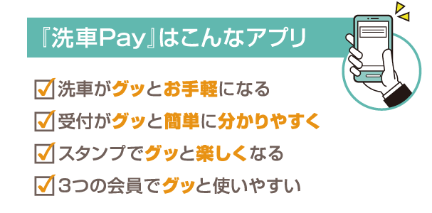 洗車Payはこんなアプリ 洗車がグッとお手軽になる 受付がグッと簡単に分かりやすく スタンプでグッと楽しくなる 3つの会員でグッと使いやすい